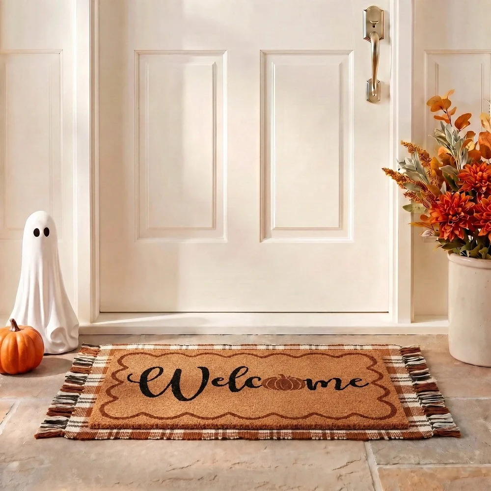 My Texas House Taupe Plaid Indoor/Outdoor Layering Rug, 24x38, Halloween Decor